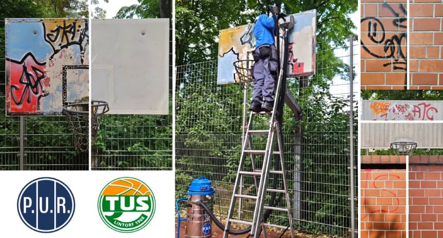 Collage, die den Graffiti-Entfernungsprozess an Basketballkörben und umliegenden Wänden zeigt, durchgeführt von P.U.R. Betriebshygiene für den TuS 08 Lintorf. Das Bild zeigt den Zustand vor und nach der Reinigung sowie einen Mitarbeiter bei der Arbeit auf einer Leiter.