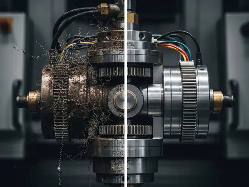 Vorher-Nachher-Vergleich Maschinenreinigung: verschmutzte Industriekomponente mit Metallspänen und Ablagerungen links, professionell gereinigte Präzisionsmechanik rechts